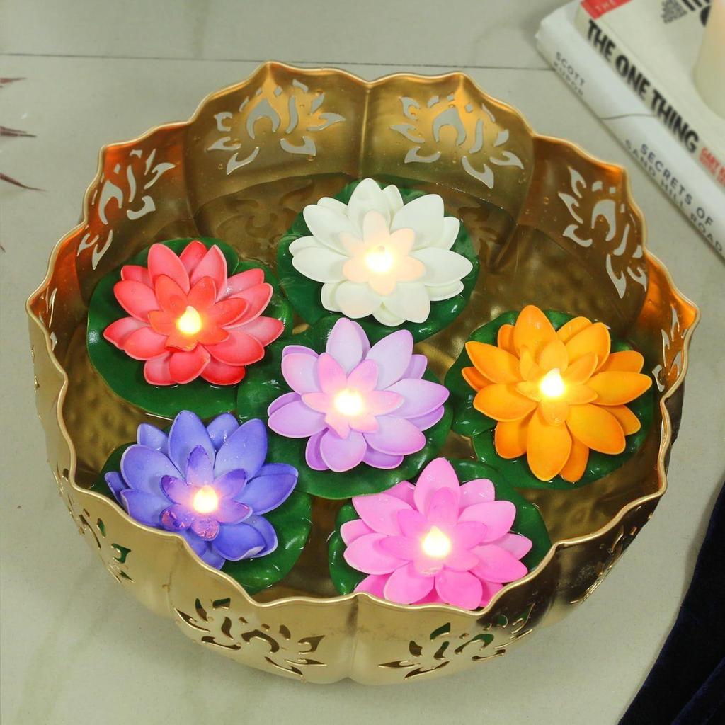 Multicolored, Smokeless and Flameless Tea Lights for Diwali - VERVENIX Set of 6 Floating Lotus LED Candles with Water Sensor