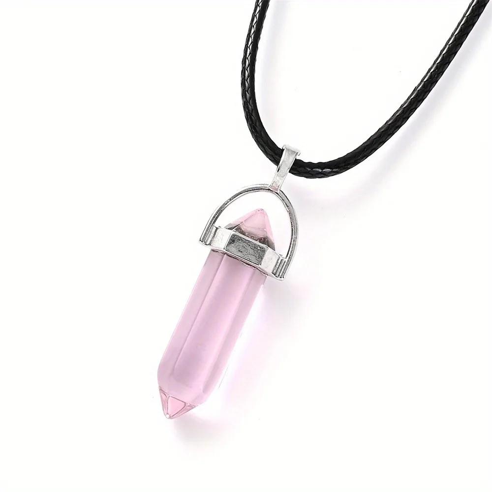 Natural Stone Pendant Necklace Women PU Leather Hexagonal Column Pointed Reiki Chakra Lapis Chunky Jewelry