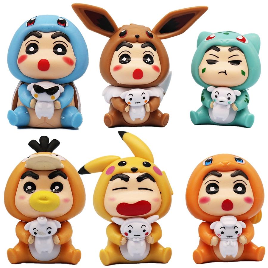 6Pcs/Set Q Version Crayon Shinchan Anime Figure Shinchan COS Pokmon Pikachu Action Figure Room Decorations PVC Collection Toy