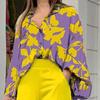 2Pcs/Set Simple Lapel Leaves Print Shirt Long Pants Set Long Sleeve High Waist