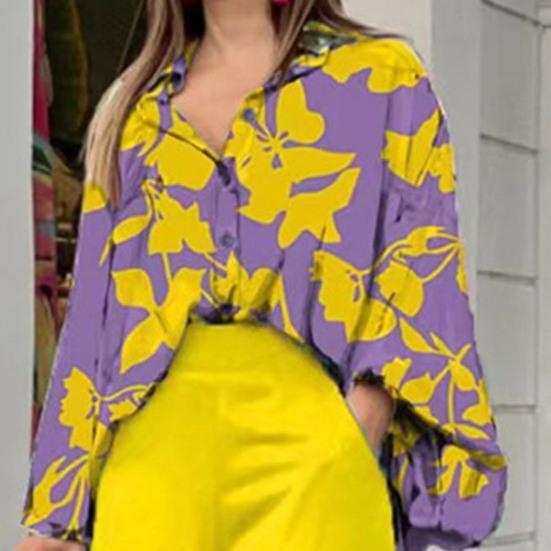 2Pcs/Set Simple Lapel Leaves Print Shirt Long Pants Set Long Sleeve High Waist