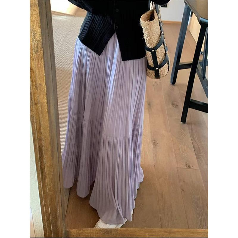 Women Spring and Summer Trend High Waist Pleated Long Skirt Casual Elegant Solid A-line Big Swing Skirt Girl Half Fairy Skirt