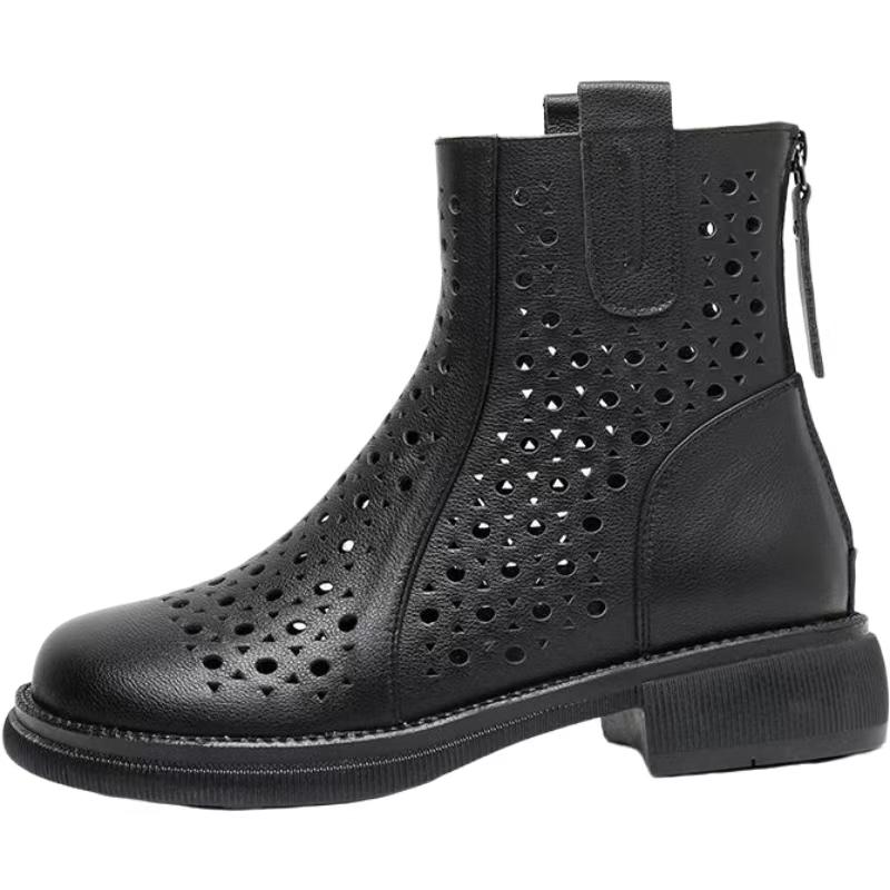 Women s Leather Hollow Out Low Heel Ankle Boots Spring Summer Thick Sole Non Slip High Quality Zippers Big Size Cool Boots 35 чёрный 6450₽