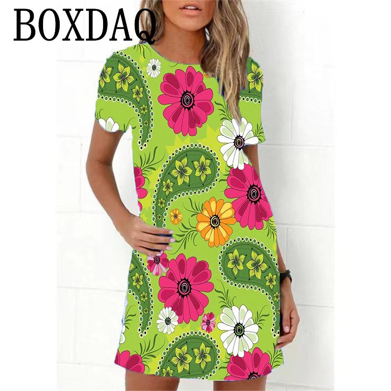 Blue Flower Print Women Dress Elegant Sweet Casual Short Sleeve Loose A-Line Dress Oversized Summer Beach Dress Female Sundress