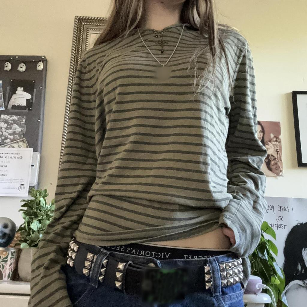Women's Fall Casual Tops Stripe Pattern Loose Fit T-Shirts Thin Long Sleeve Crew Neck Pullovers