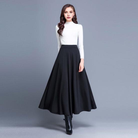 Women Maxi Skirt Elastic High Waist Large Hem A-Line Skirt with Pockets Solid Color Swing Skirt Streetwear