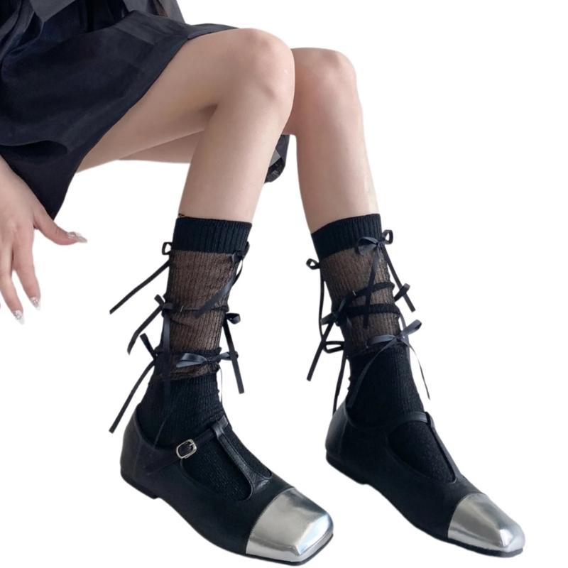 Japanischer Stil Schimmerndes Netz Spleißende Gerippte Über die Wade Socken für Damen Mädchen Niedliche Schleife Schleifenknoten Lange Strümpfe