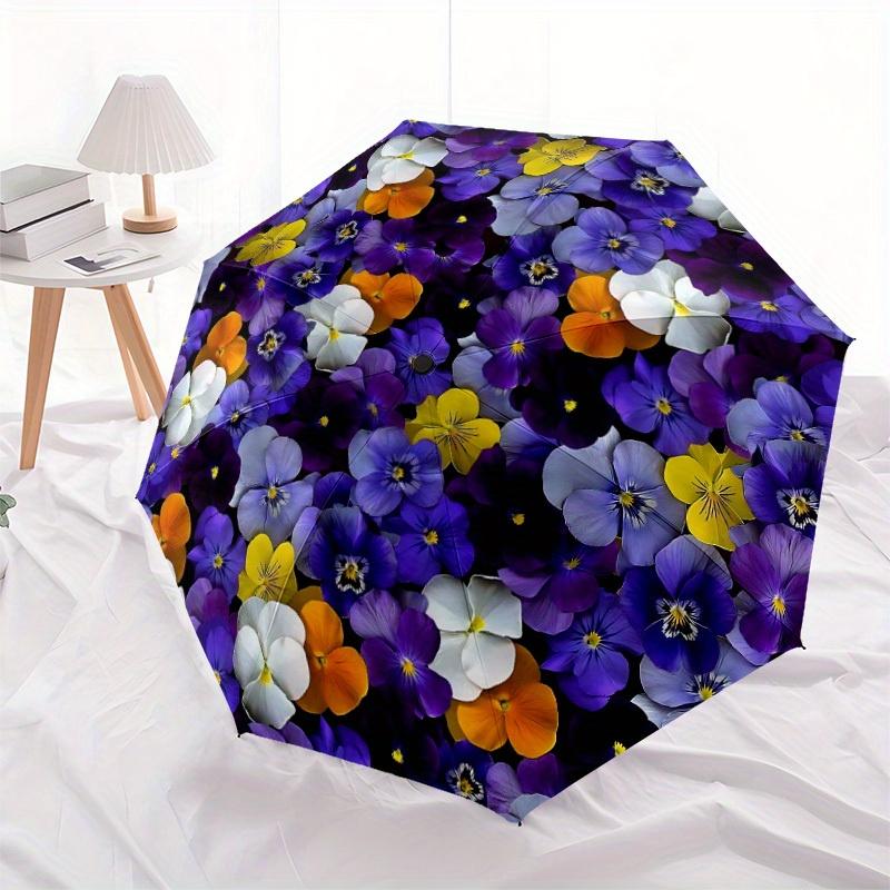 1pc Pansy Flowers Automatic Opening/Closing Folding Umbrella with 51 Ribs, Plastic Handle, Windproof Portable Sunshade Umbrella Halloween an
