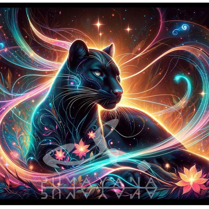 Tapestry of a shamanic black panther under ultraviolet light 75x100