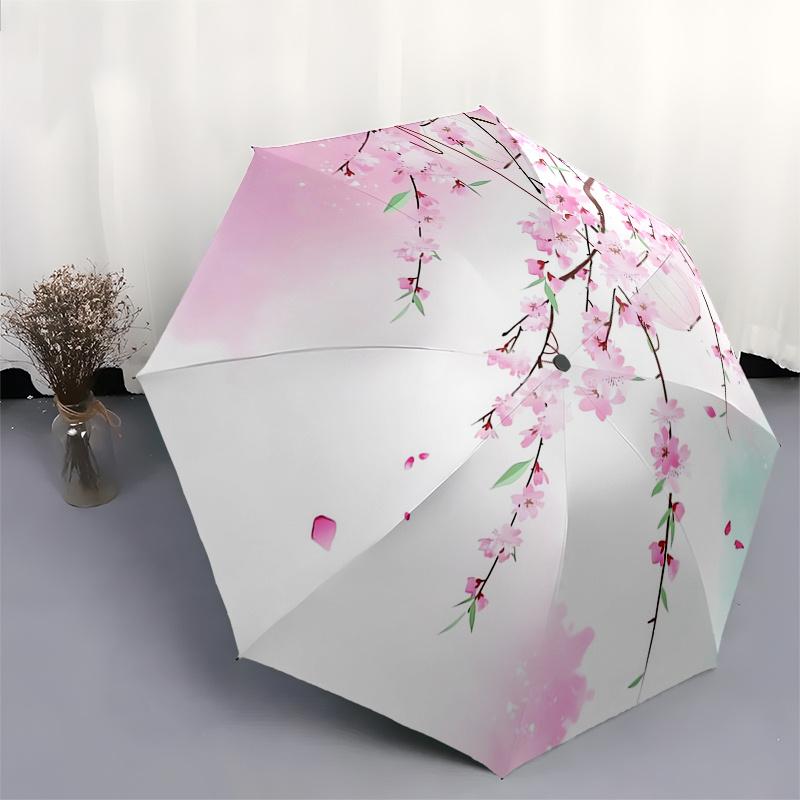 Cherry Blossom Lanterns Automatic Folding Umbrella  8 Ribs, Durable Iron Frame, Bright Color Pattern Compact Travel Umbrella, Suitable for O