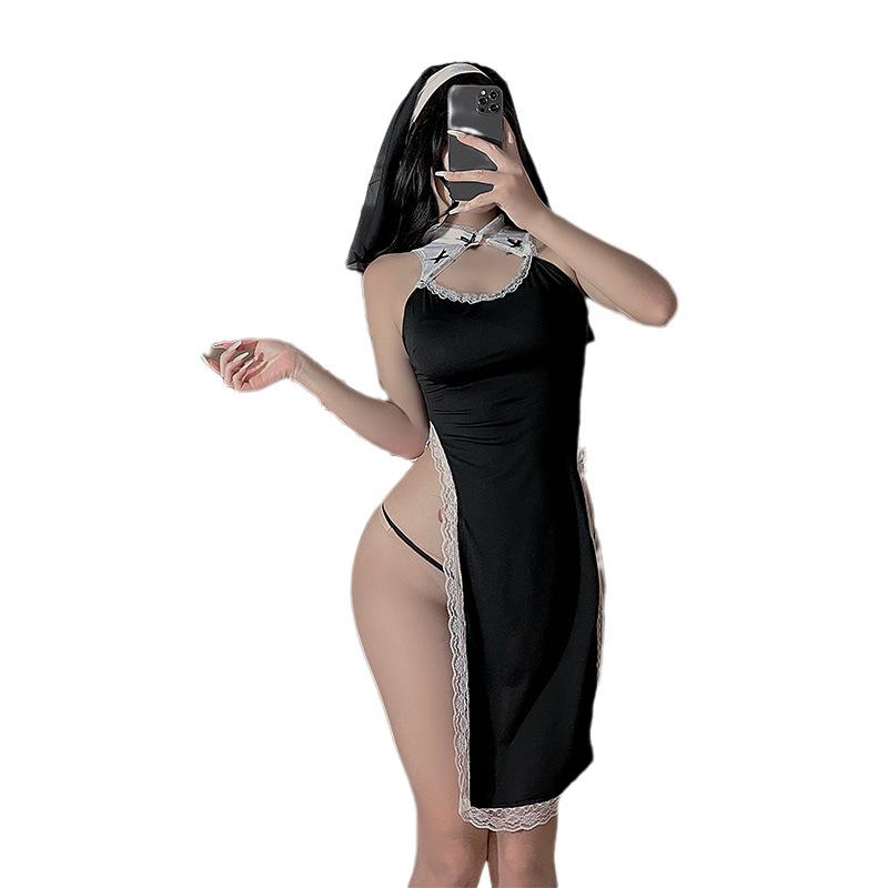 Naughty Nun Role Play Costume: Removable Lingerie Nightgown Set with High Slit and Hollow Design.