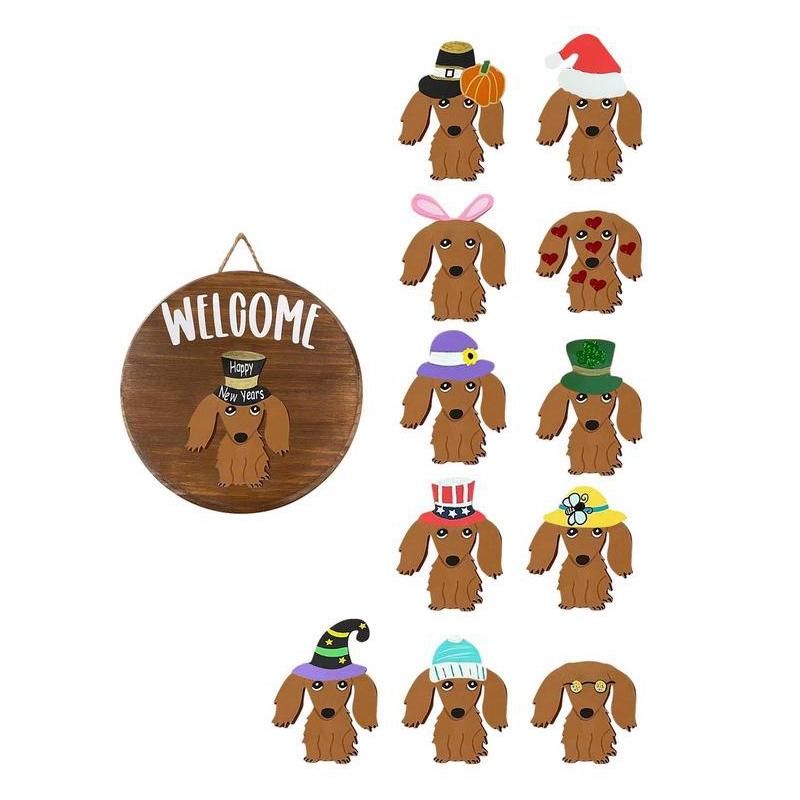 

Dachshund Seasonal Welcome Sign For Front Door Rustic Round Wood Wreaths Sausage Dog Wall Hanging Home Decor Easy Install