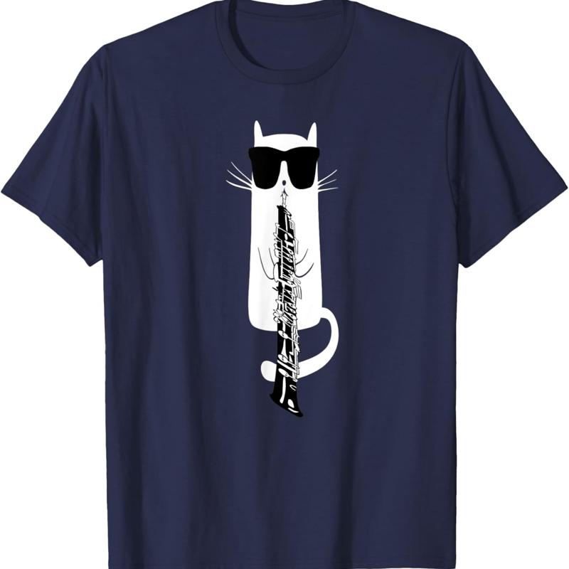 Funny Cat Wearing Sunglasses Playing Oboe T Shirt