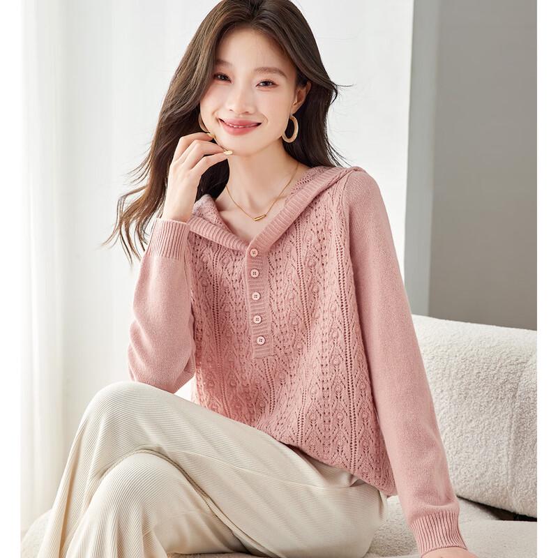 Srcr Women's 100% Wool Hollow Hooded Knit Sweater