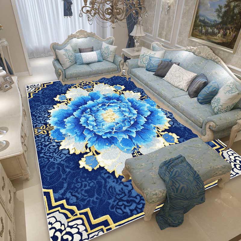 Blue Floral European Style Rugs Living Room Decoration Large Area Carpet Sofa Area Bedroom Cloakroom Non-slip Washable Floor Mat
