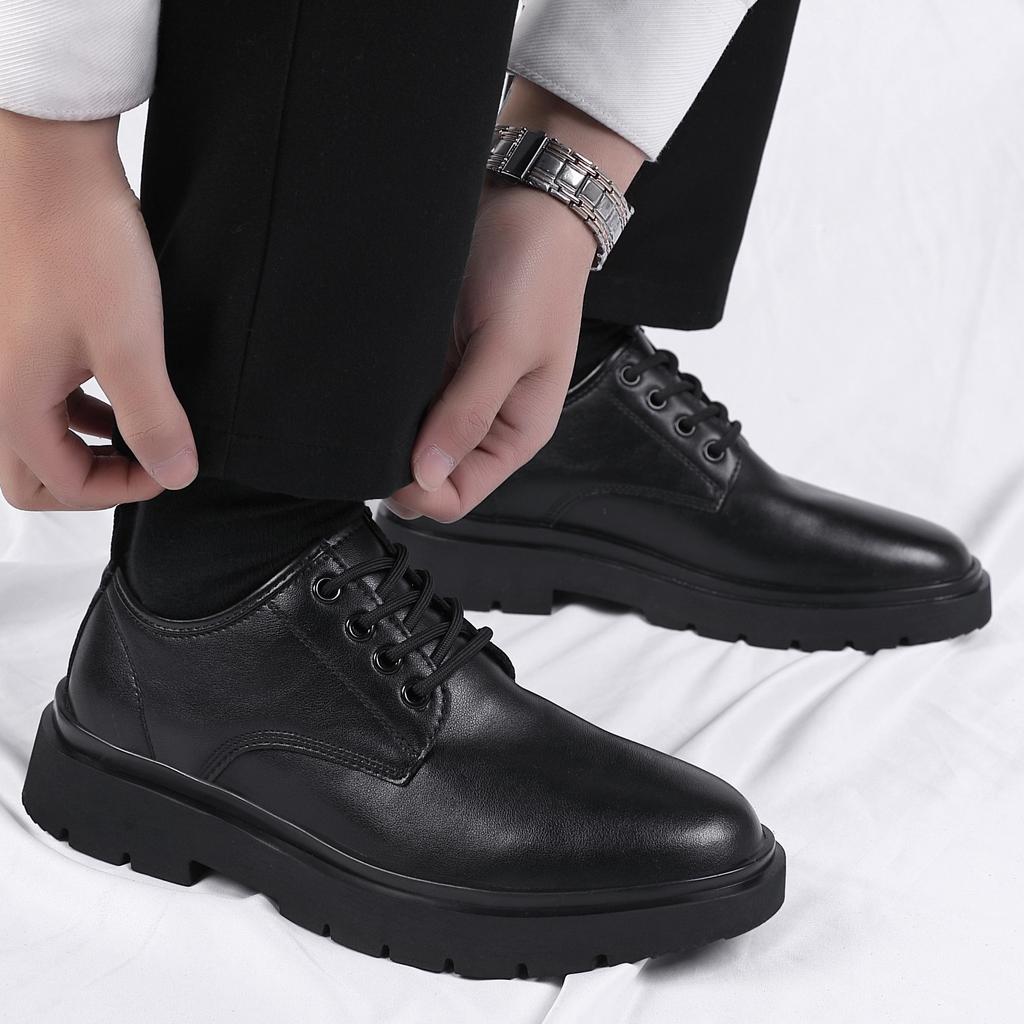 Leather shoes men's winter British style dress business casual shoes big head thick sole soft sole inner height increase wedding groom shoes