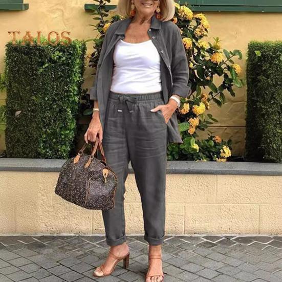 2 Pièces/ensemble Femmes Chemise Pantalon Ensemble Lâche Revers Simple Boutonnage Mi-long Manches Longues Chemisier Taille Haute Élastique Pantalon à Jambes Larges Vêtements Quotidiens