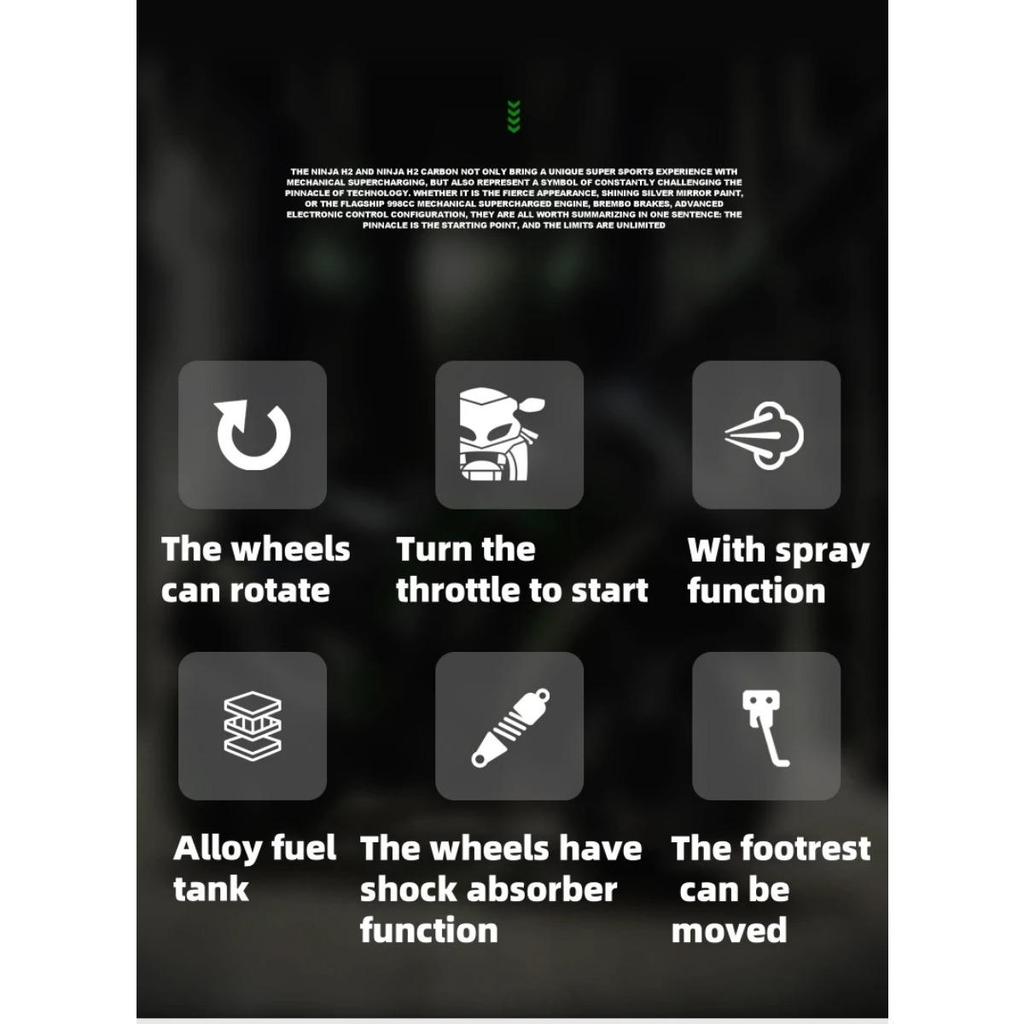 1/9 Kawasaki H2R Alloy Model Ignite Motorcycle with Spray Model Ignite Start Alloy Simulation Children Motorcycle Toy Gift