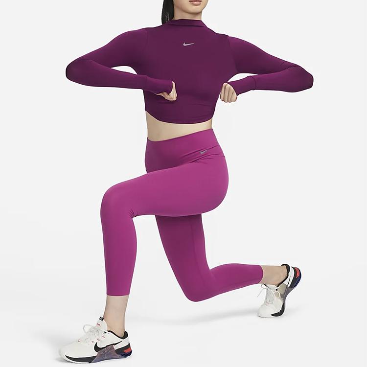 Nike One Luxe Solid Color Half High Neck Slim Fit Short Dry Long Sleeve T-Shirt Women Tops Bordeaux FB5277-610