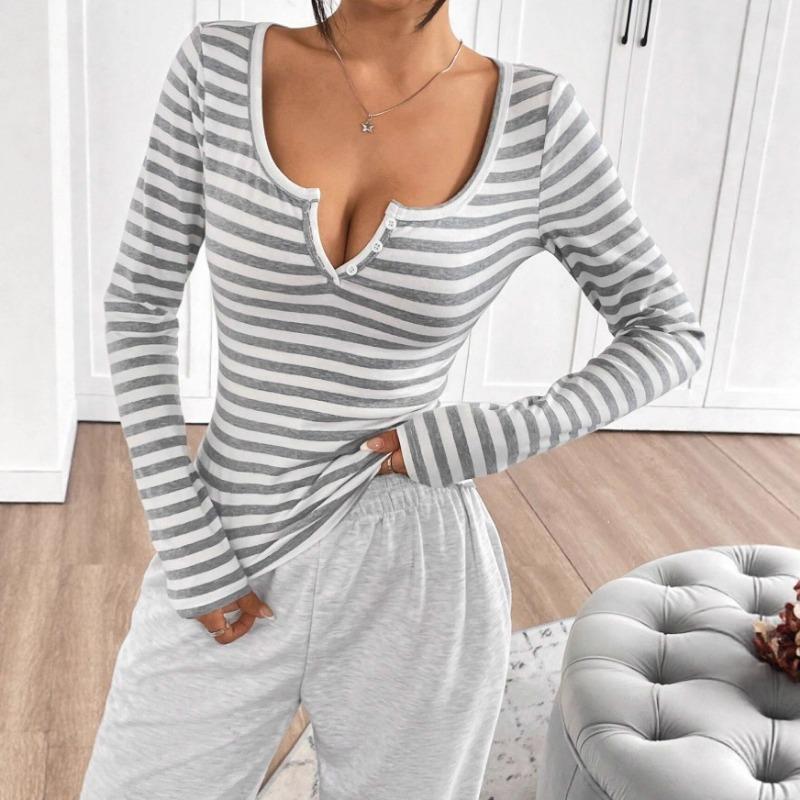 Women u neck henley button stripe print long sleeve stretch slim casual tee S