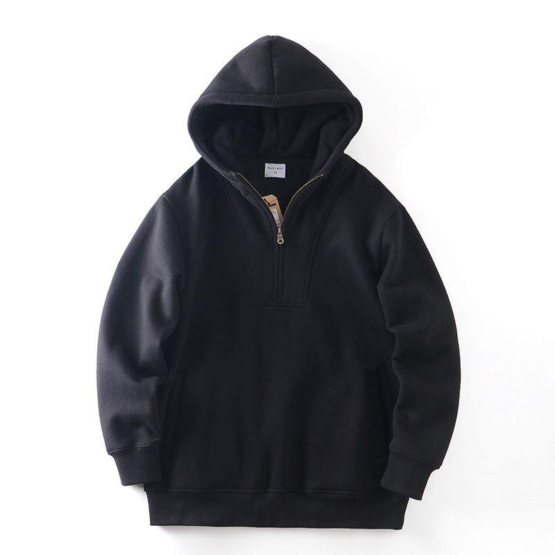 American vintage Heavy Half Zipper Hoodie Men s Autumn and Winter Fleece-lined Thickened Foreign Trade Cattle Goods Pullover Outerwear Black 2XL