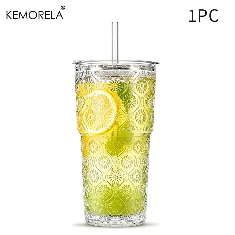 1/2PCS Begonia Flower Glass Coffee Cup With Lid and Glass Straws 590ML for Iced Coffee Smoothies Milk Water and More Drinkware 590ML