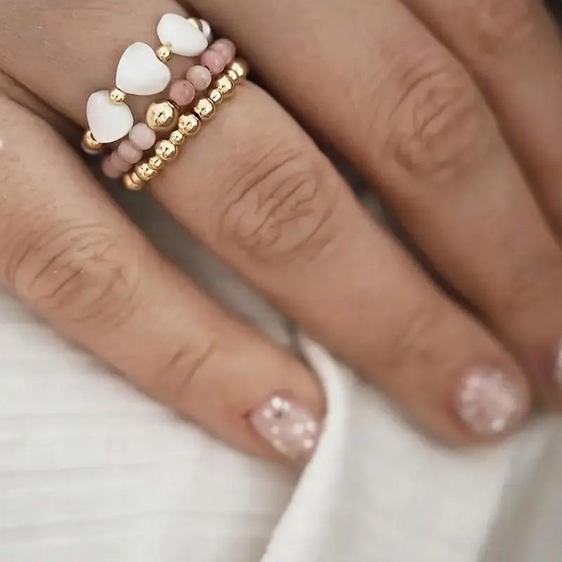 3pcs Womens Stainless Steel Natural Stone Freshwater Pearl Ring Set Handmade Elastic Simple Versatile Jewelry Christmas gifts