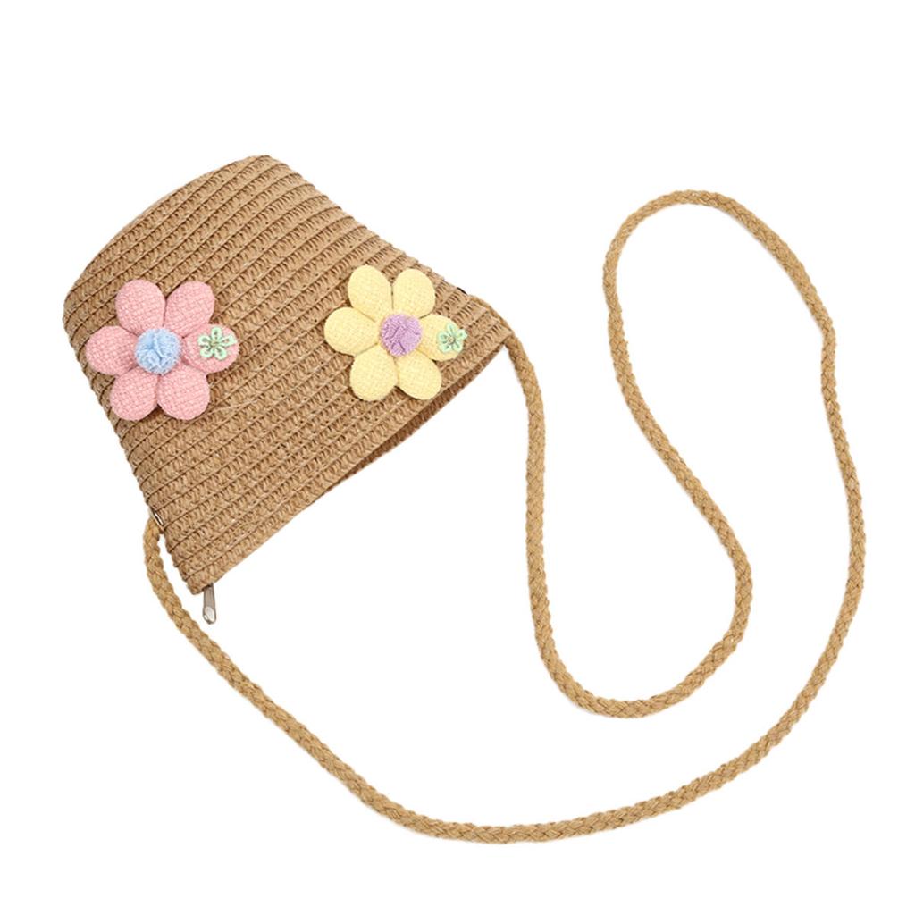 Girl Zipper Flower Straw Bag Cute Photo Props Handmade Woven Kid Messenger Bags Storage Basket Coin Purse Crossbody Handbag
