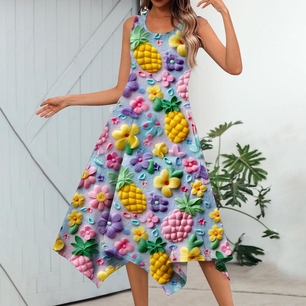 Dámská ležérní móda Midi šaty s kulatým výstřihem a potiskem bez rukávů s nepravidelným lemem