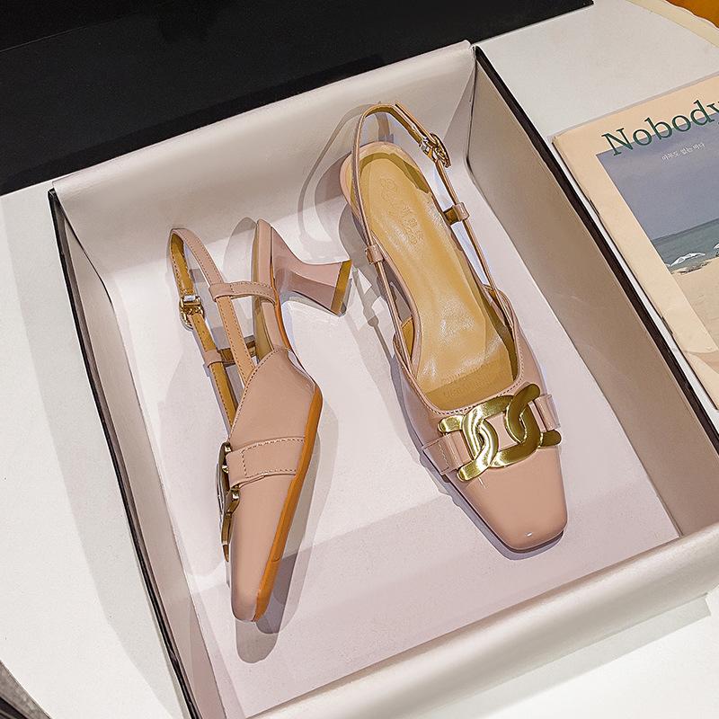 Square head rear empty single shoes middle heel 2025 new summer one-word buckle with high heels retro temperament bag head sandals