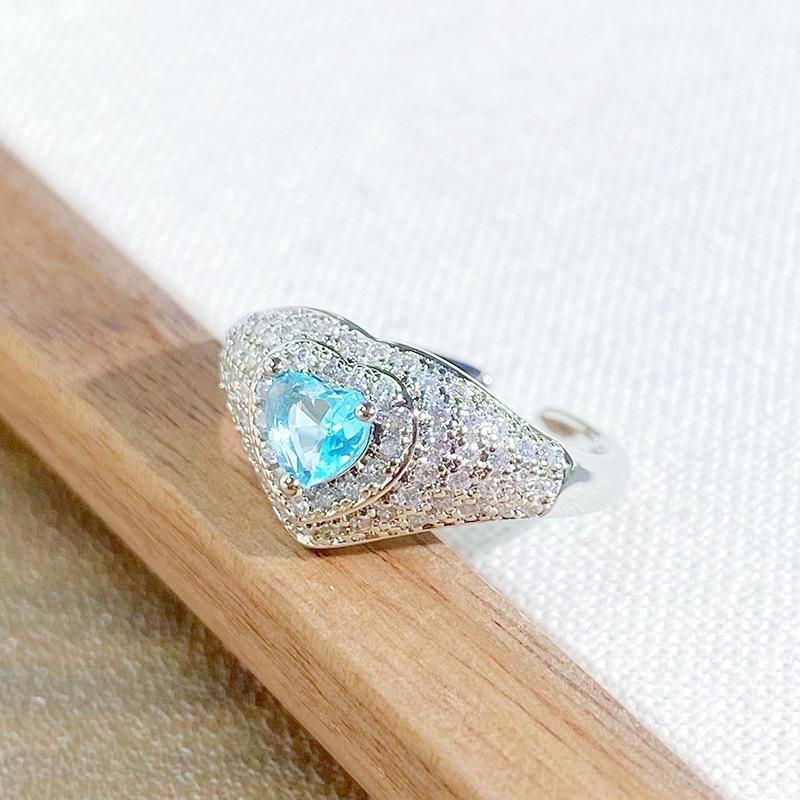 Light Luxury High-End Sea Blue Love Color Treasure Full Of Diamonds Zir*****Pen Ring Niche Exquisite Ring Woman