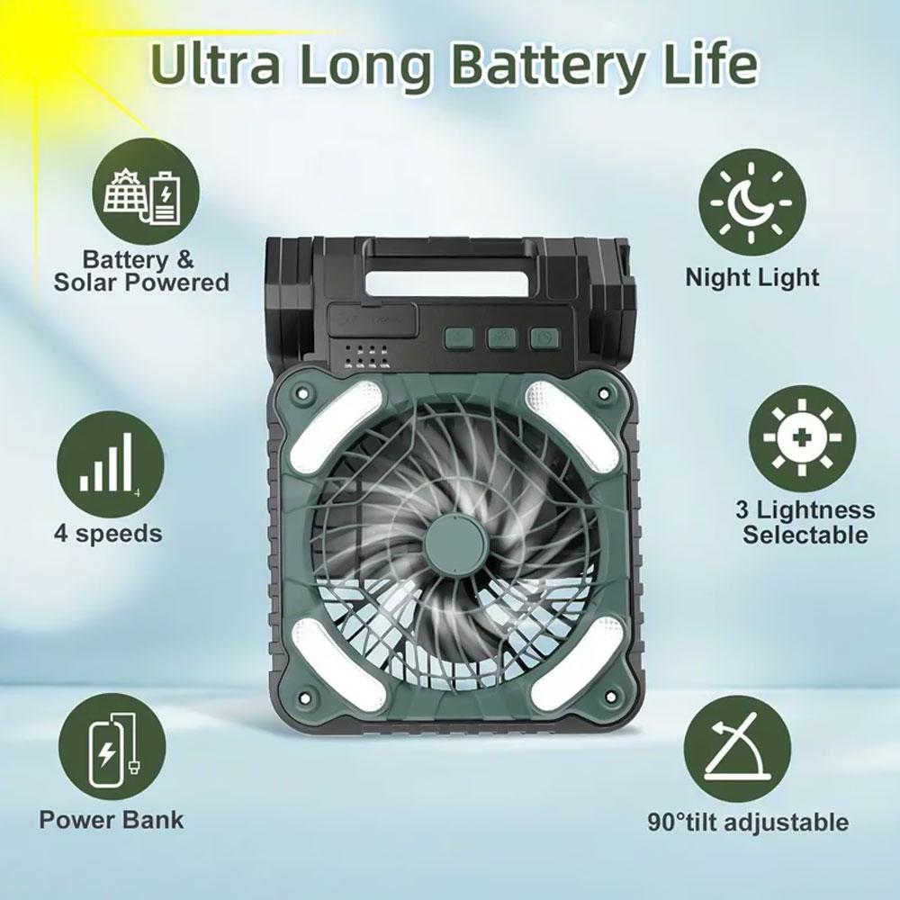 Portable Desk Fan 90°tiltadjustable Solar Rechargeable Camping Fan 4-speeds wind with timer,3modes LED Light,Emergency Power Fan