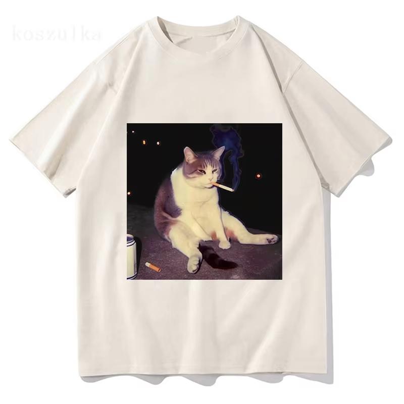 Vintage Cigarette Kitten Funny Smoking Cat Meme Stupid Brainrot Graphic TShirt Unisex Women Fashion Tshirts Cotton Casual T Shirt