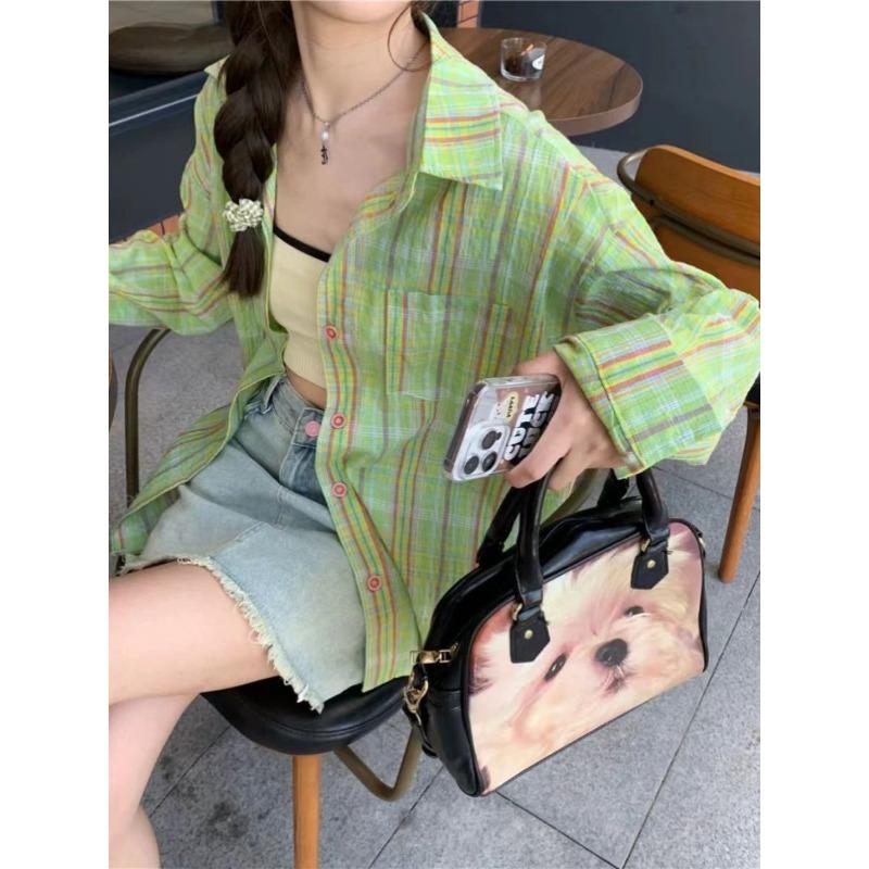 Color Blocking Checkered Women's Long Sleeved Shirts Korean Casual Versatile Ladies Tops Long Sleeved Lapel Jacket