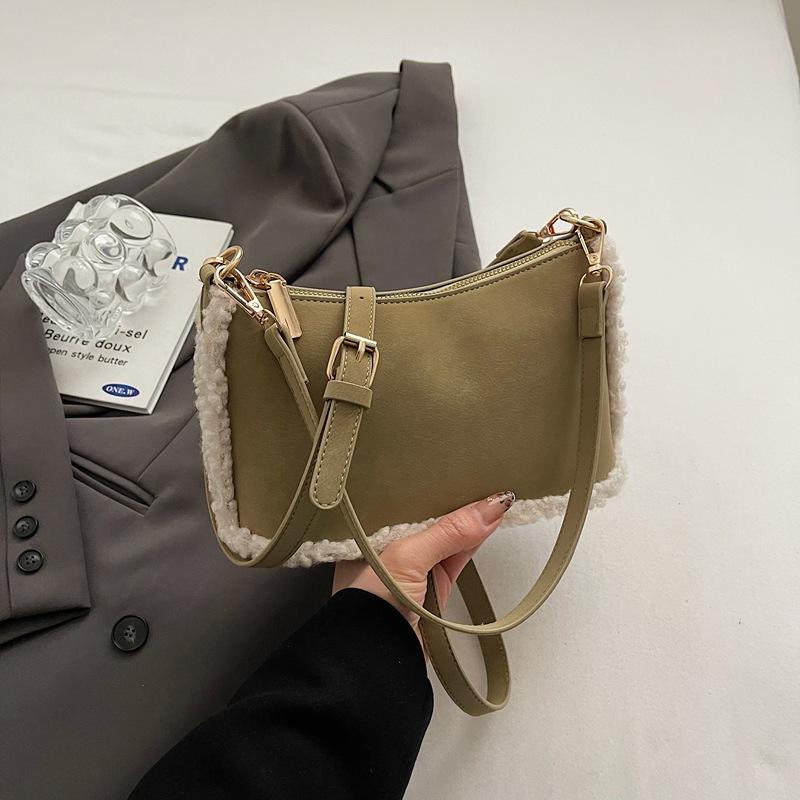Retro Matte Shoulder Bag Women's Autumn New Lamb Wool Splicing Underarm Bag Commuter Messenger Bag Women's Bag