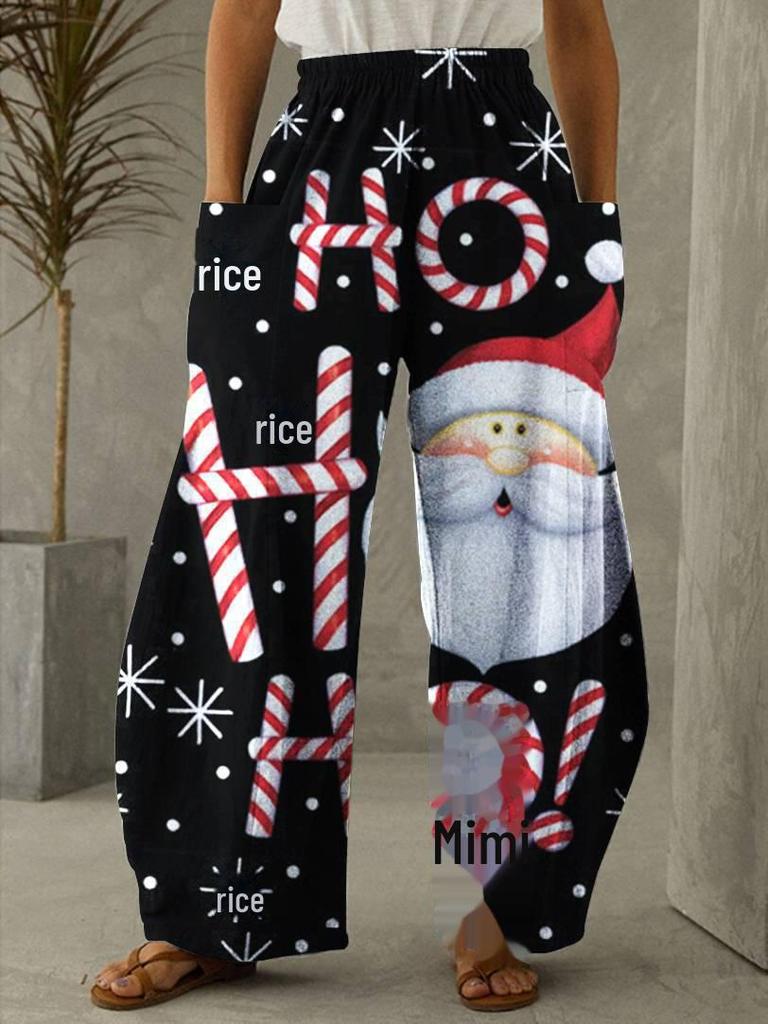 2024 Hose mit weitem Bein und hoher Taille im Weihnachts-Print und elastischem Bund im dünnen Stil