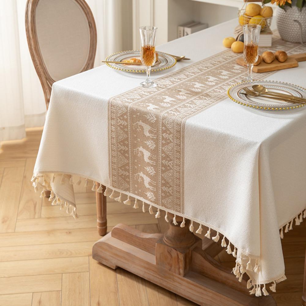 Christmas Reindeer Tablecloth Linen Cotton Rectangular Table Cover with Fringe Luxury Dining Table Decor