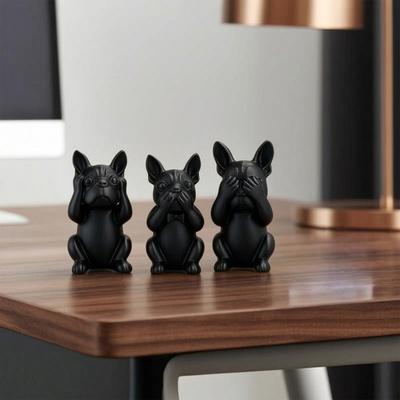 3D Printed French Bulldog Statues Set of 3, Matte Black Sculpture, Minimalist Bull Dog Figurines for Home Decoration, Office