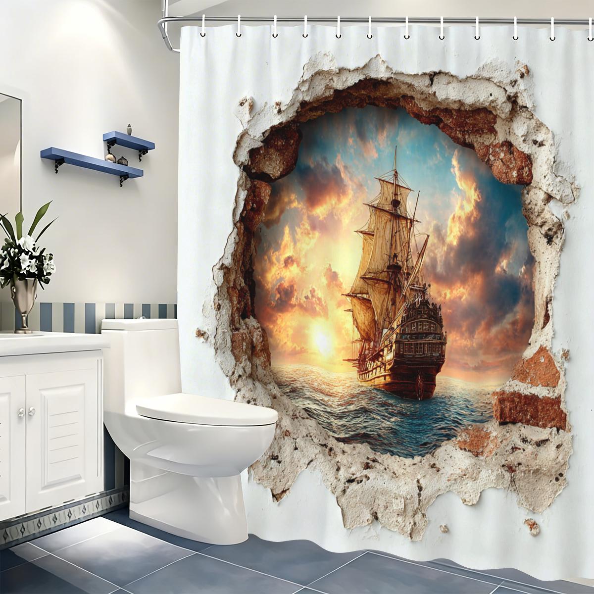 

3D Broken Wall Sailboat Pattern Polyester Shower Curtain - Nautical Themed Bathroom Decor, Novelty Bath Curtain For Home W60H190(CM)-1 Pcs
