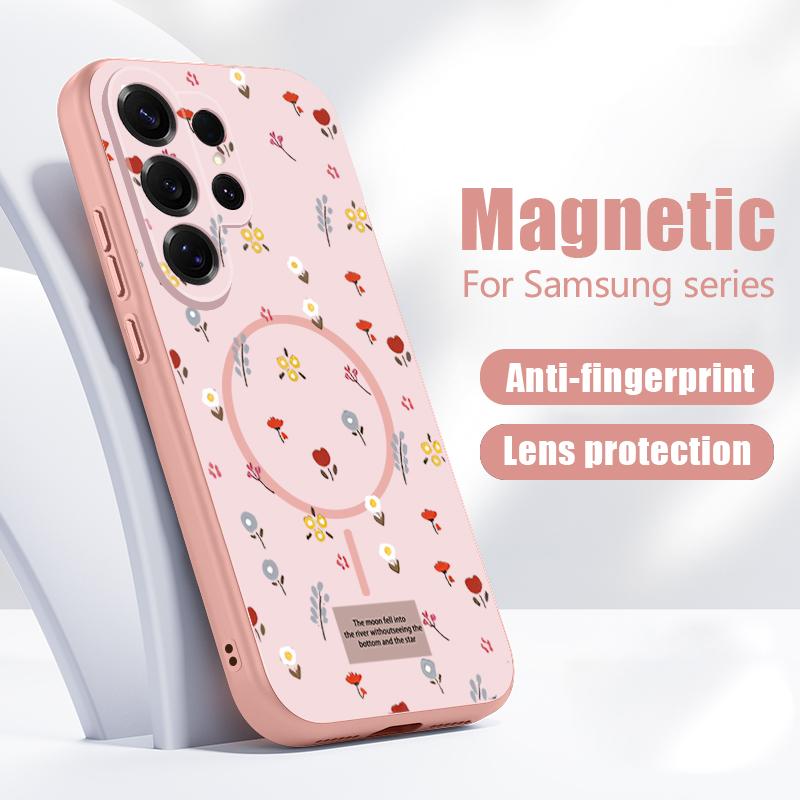 Magnetic For Magsafe Case For Samsung Galaxy S26 Ultra S25 Edge S24 Plus S23 FE S22 A17 A54 A55 A56 A57 5G Flowers Leaves Pattern Cover