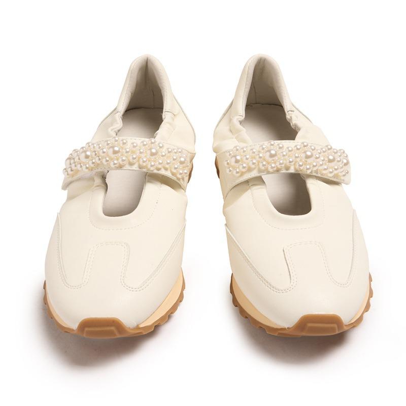 Leather platform white shoes female word with pearl Velcro ballet sports style casual Mary Jane female