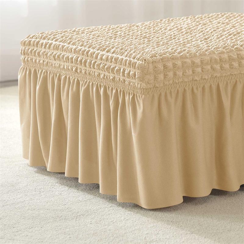 Seersucker Ottoman Cover Solid Hued Stretchy Sofa Footrest Slipcovers With Skirt Footstool Cover For Family Room 1Pc Rectangle