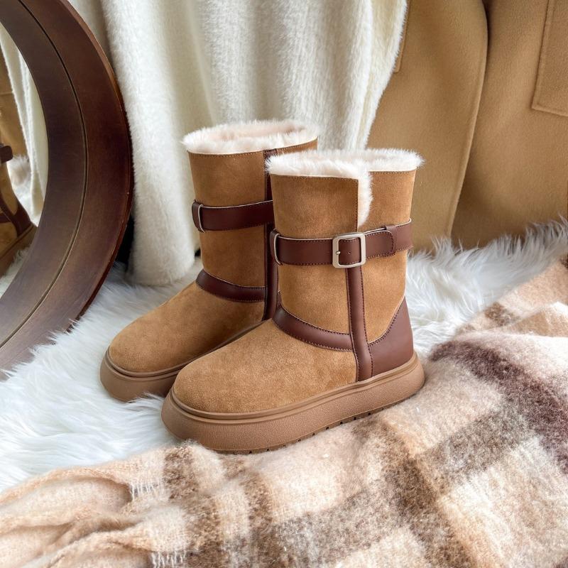 Schneestiefel mit dicker Sohle und Gürtelschnalle zum doppelten Tragen für Damen, Winter, Samt, verdickt, vielseitige Baumwollschuhe, warmes Schneebaumwollfutter