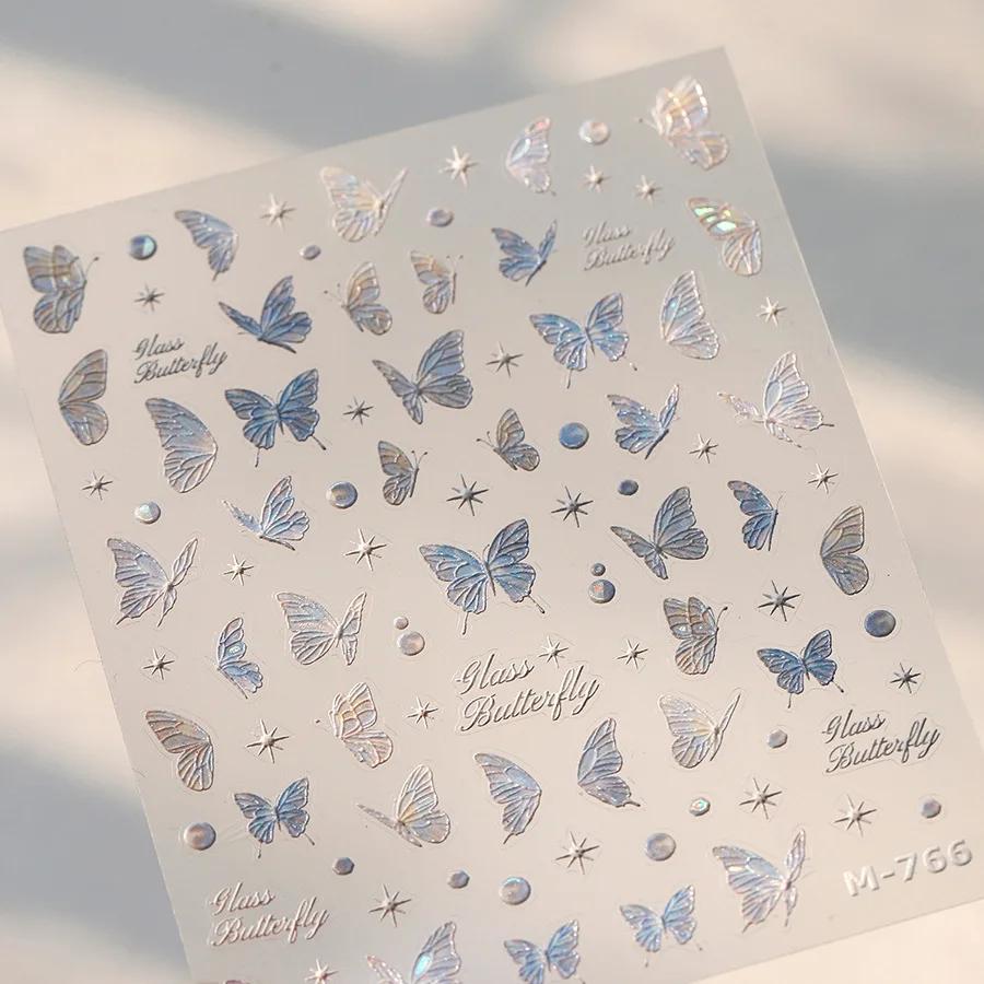 Gradient White Pink Butterfly Flower Shiny Stars Chic Spring Petal 5D Soft Adhesive Nail Art Stickers Decorations Manicure Decal