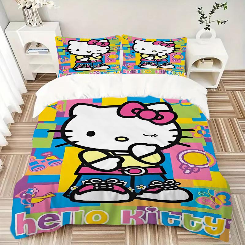 3pcs Hello Kitty In a Playful Pose Pattern Bedding Three-Piece Set (1 Cover + 2 Pillowcases, No Fillings), Soft and Comfortable S038