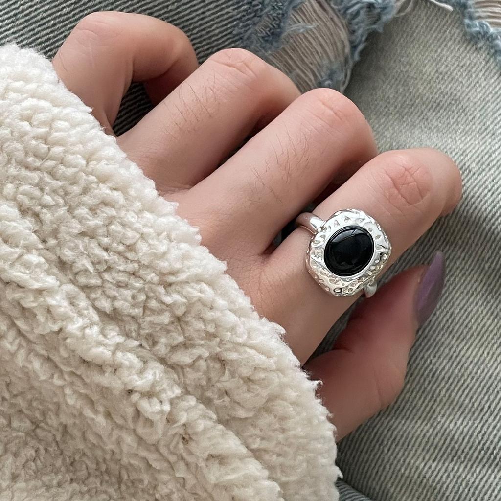 PANJBJ 925 Sterling Silve Black Agate Ring for Women Punk Irregular Hollow Out Liquid Lava Adjustable Jewelry Gift Dropshipping