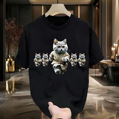 25 New Men's Cat Print Design Sense Retro Casual Trend Large Size Round Neck Creative Cotton High-end Short-sleeved T-shirt Top