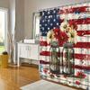 Rustic American Flag Shower Curtain - Vintage Patriotic Design, Red & White Daisies In Jars, Distressed Background, 12 Hooks
