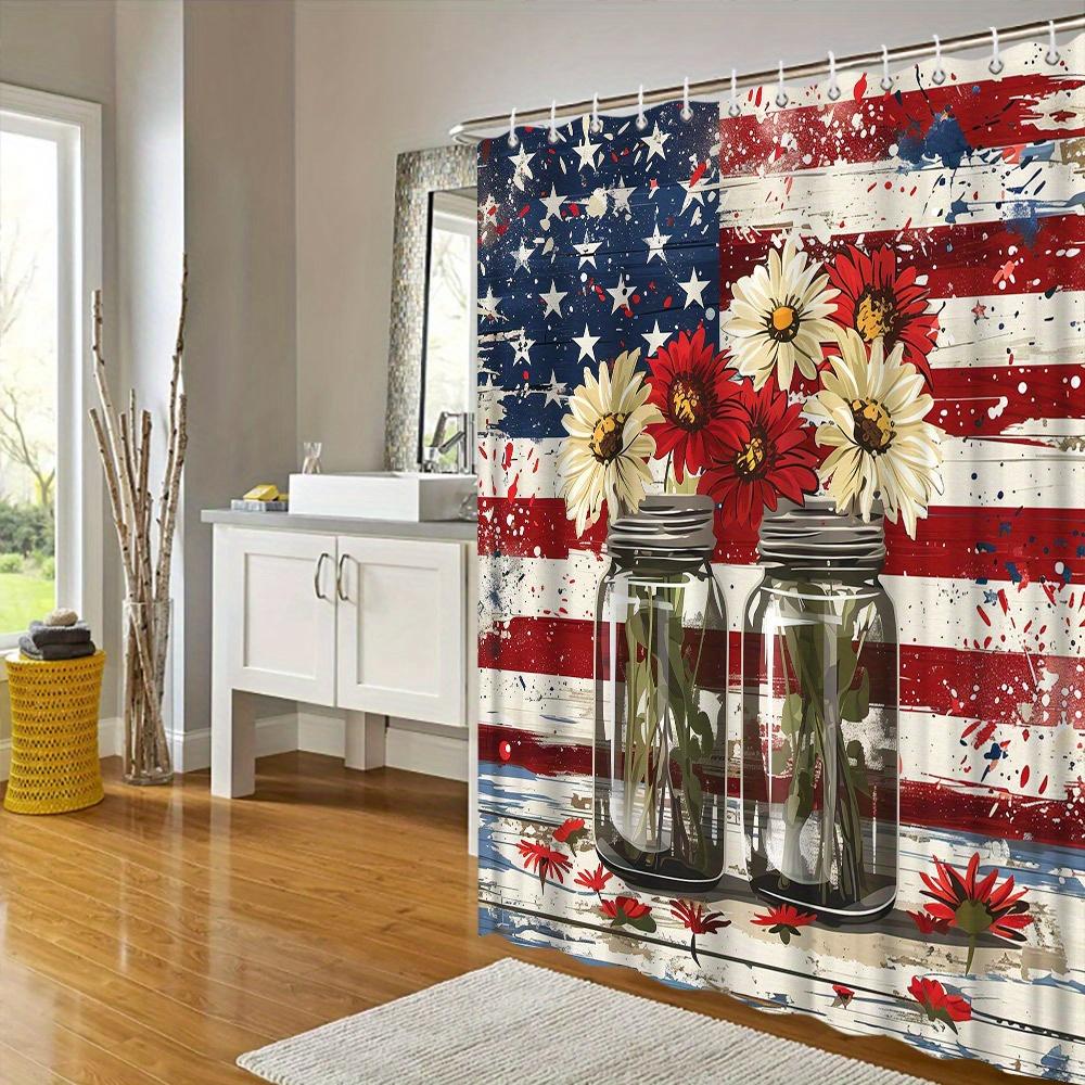 Rustic American Flag Shower Curtain - Vintage Patriotic Design, Red & White Daisies In Jars, Distressed Background, 12 Hooks