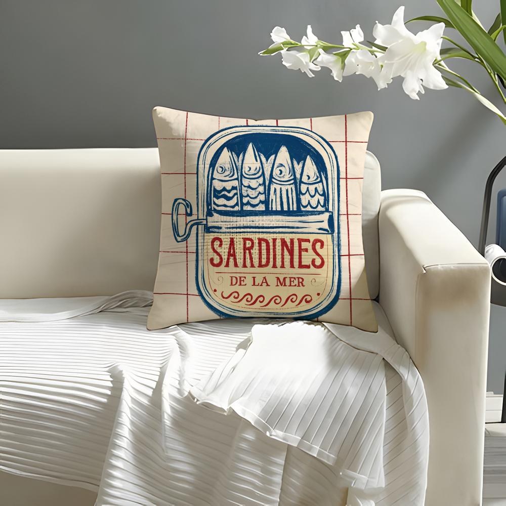 Cute Coastal Charm SardineS Pillow Case Natural Linen Organic Fabric Double-Sided Printing Sofa Home Decor Cushion Cover